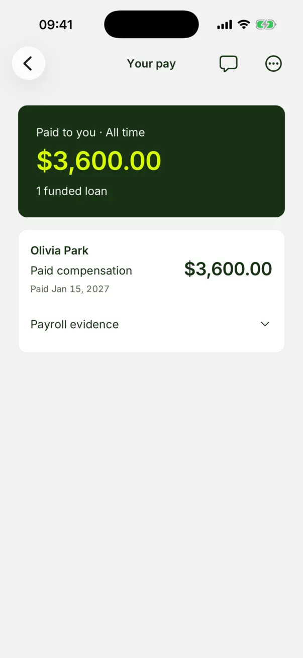 The Ike agent app’s Your pay screen: $3,600 paid to you across 1 funded loan, newest first, with Olivia Park at $3,600
