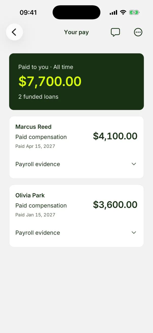 The Ike agent app’s Your pay screen: $7,700 paid to you across 2 funded loans, newest first, with Marcus Reed at $4,100