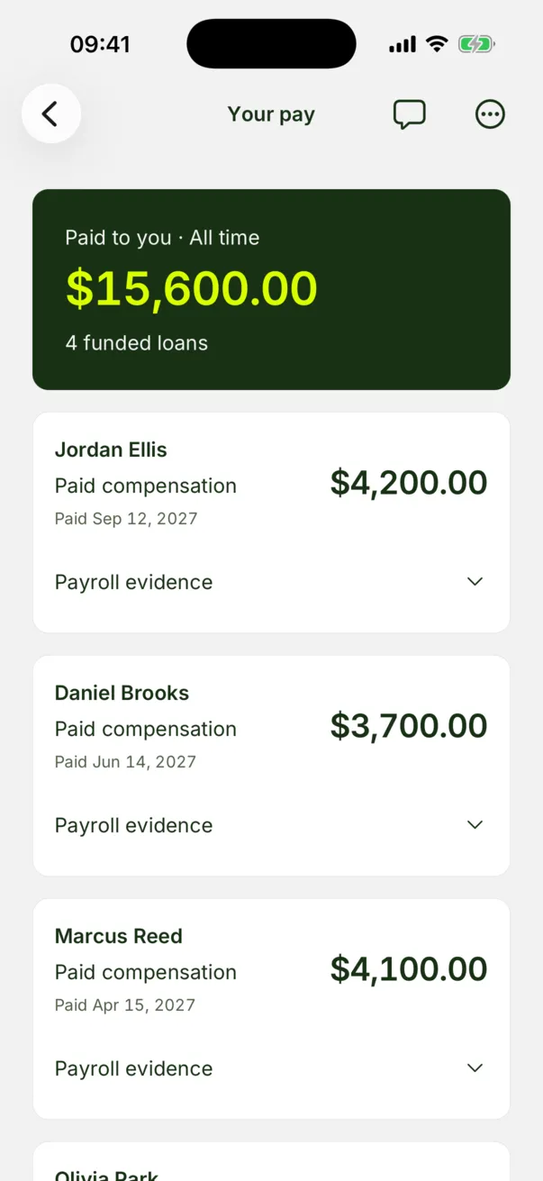The Ike agent app’s Your pay screen: $15,600 paid to you across 4 funded loans, newest first, with Jordan Ellis at $4,200